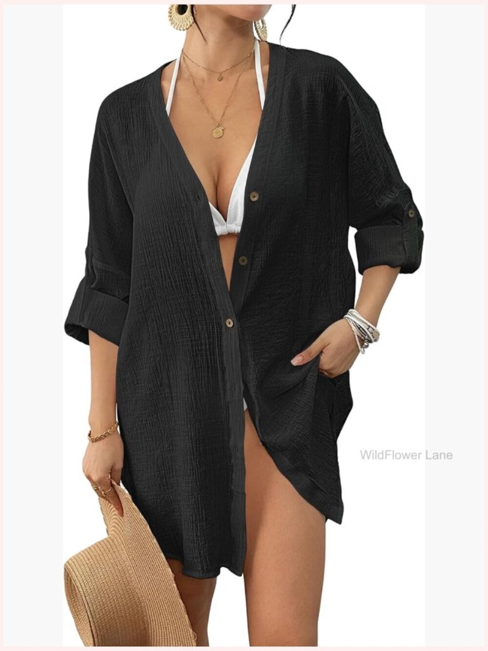 Button Down Long Sleeve Swimsuit Coverup Oversized Shirt Blouse Beach Top